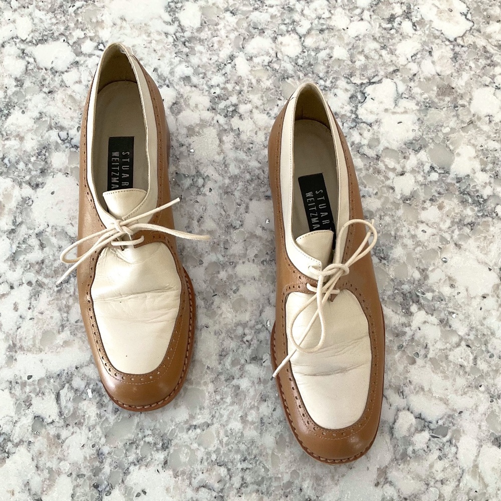 Stuart Weitzman tan and cream oxfords